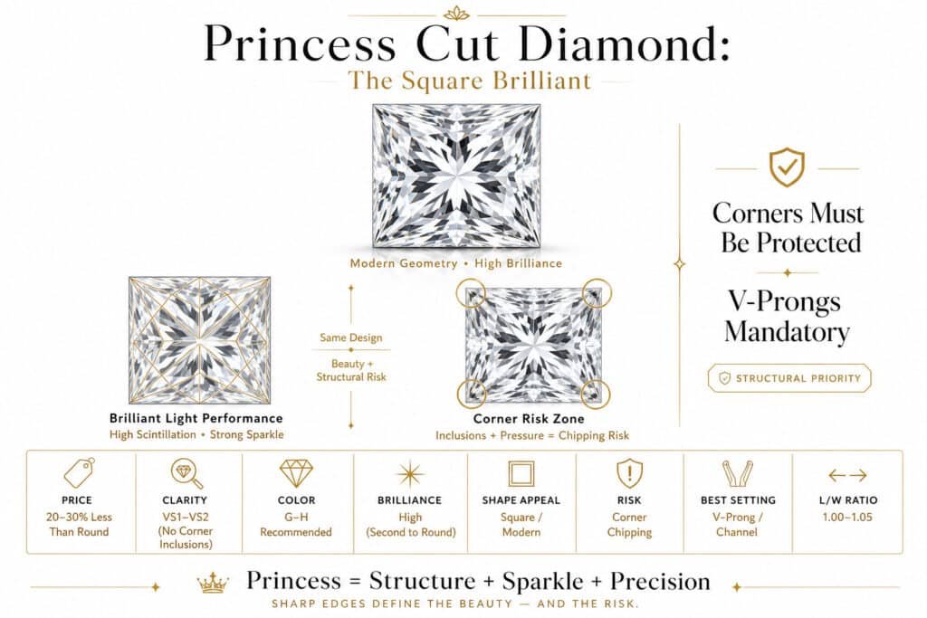 Princess cut diamond infographic showing square shape brilliance and corner chipping risk in a luxury editorial layout