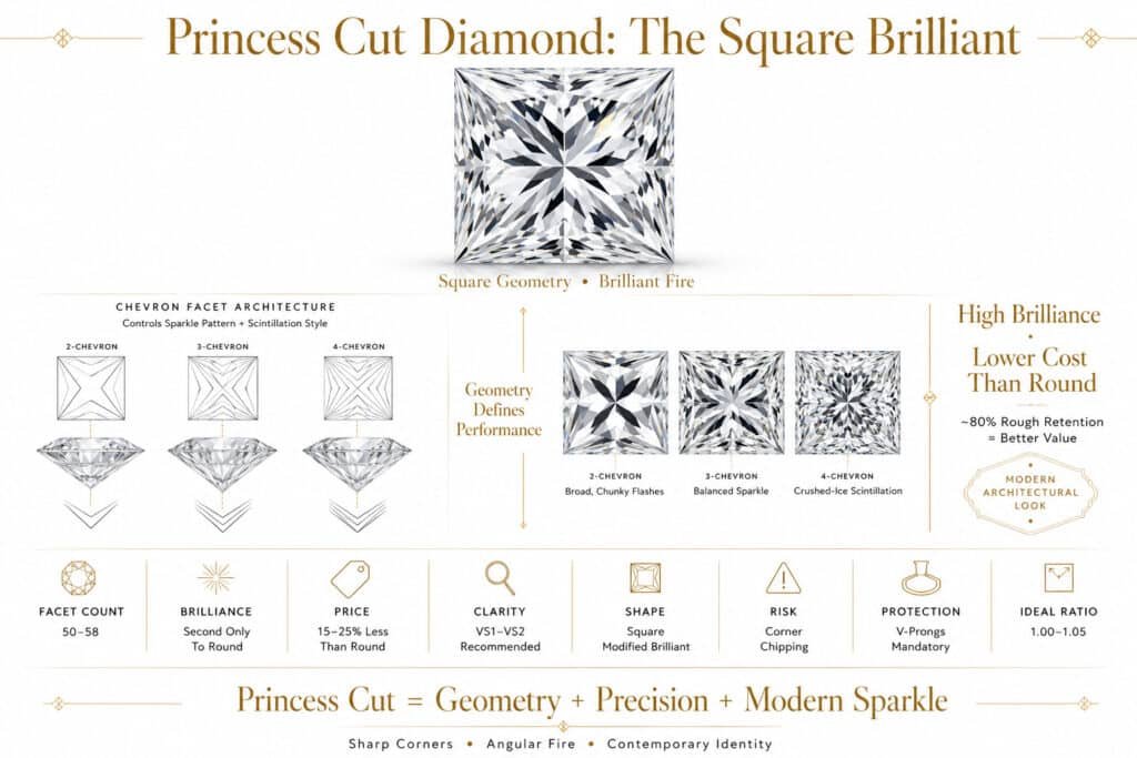 Luxury horizontal editorial infographic featuring a princess cut diamond with chevron facet architecture diagrams, angular sparkle comparisons, technical data strip, and refined gold-accented typography on a pure white background.