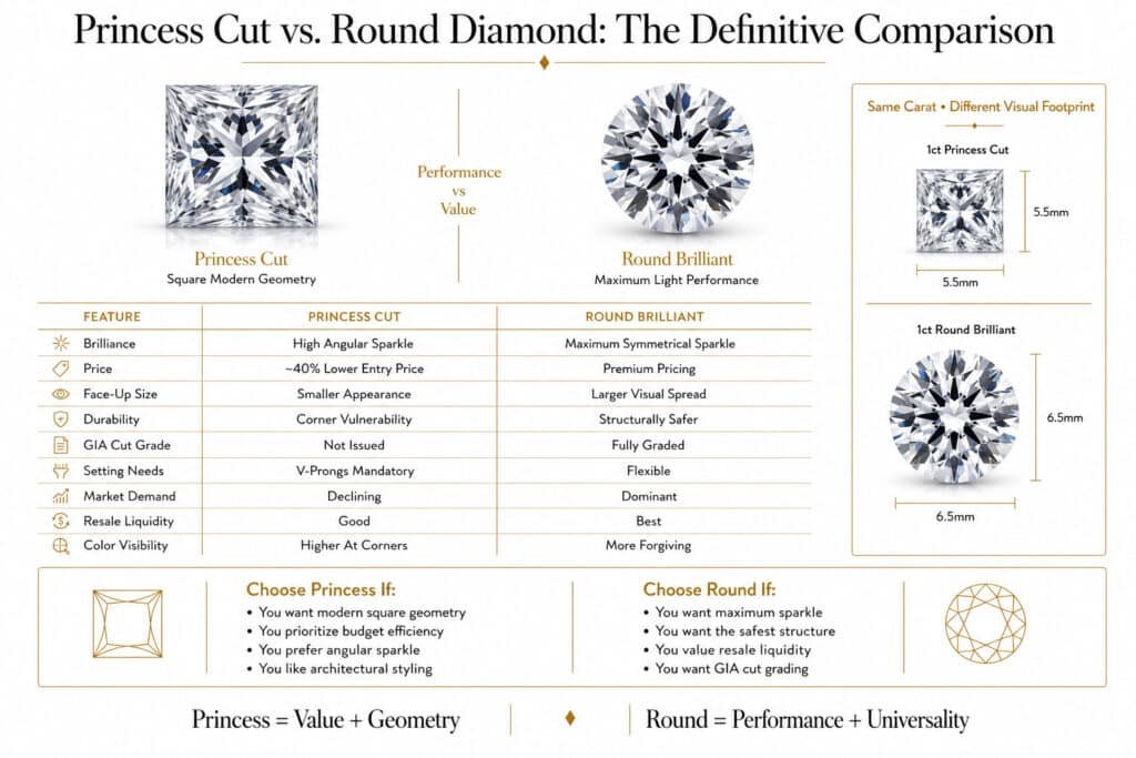 Horizontal editorial infographic comparing princess cut and round brilliant diamonds with side-by-side visuals, technical comparison table, size comparison diagram, and minimalist gold-accented layout on a pure white background.