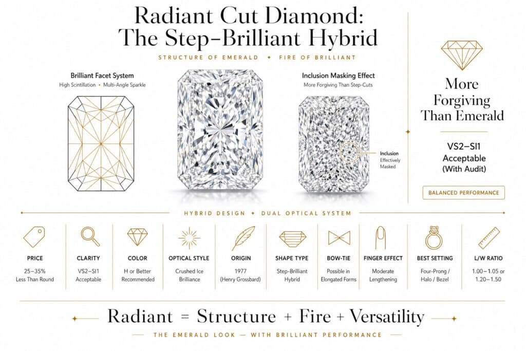 Radiant cut diamond infographic showing hybrid step-brilliant structure with crushed ice sparkle and beveled corners in luxury editorial style on white background