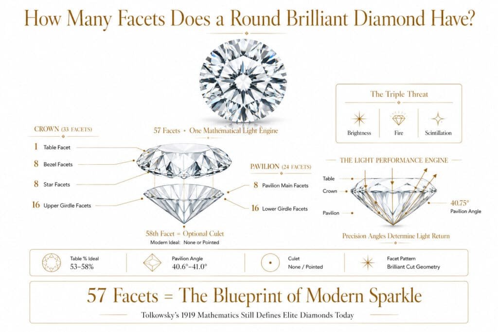Luxury editorial infographic explaining the 57 facets of a round brilliant diamond including crown pavilion culet and light performance with clean white background and refined gold accents