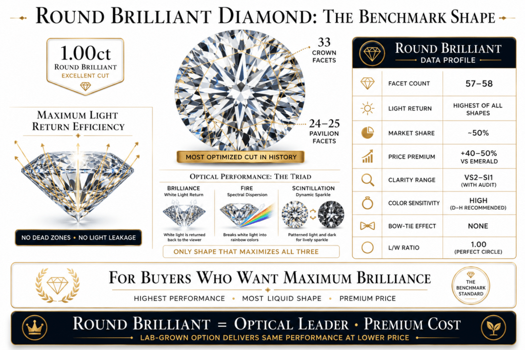 Premium infographic showcasing the round brilliant diamond, highlighting its 57–58 facet structure, superior light performance, and why it is considered the benchmark diamond shape.