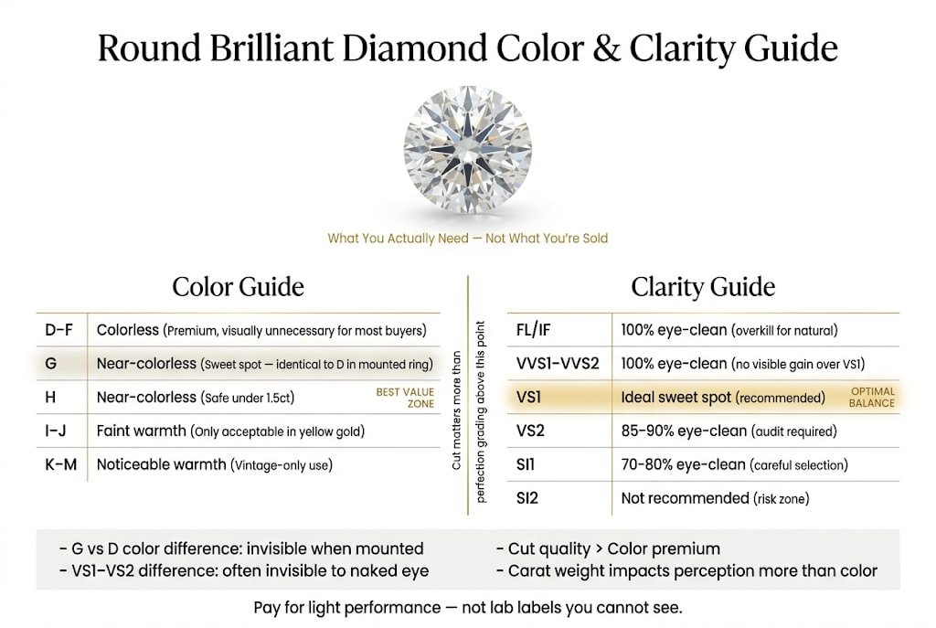 Ultra-luxury editorial infographic explaining round brilliant diamond color and clarity grades, highlighting G color and VS1 as optimal value zones on a clean white background with gold accents and structured comparison tables.