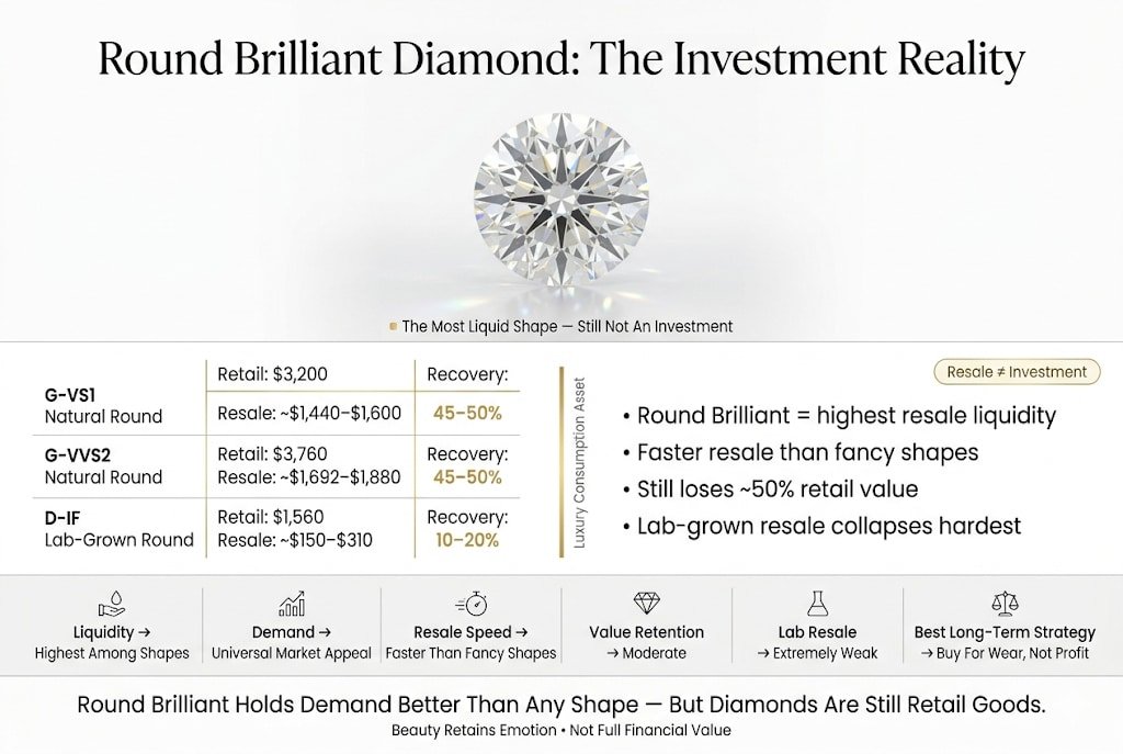Ultra-luxury editorial infographic showing round brilliant diamond resale reality, comparing natural and lab-grown diamonds with 40–50% resale recovery, minimalist white background with gold accents and structured market data.