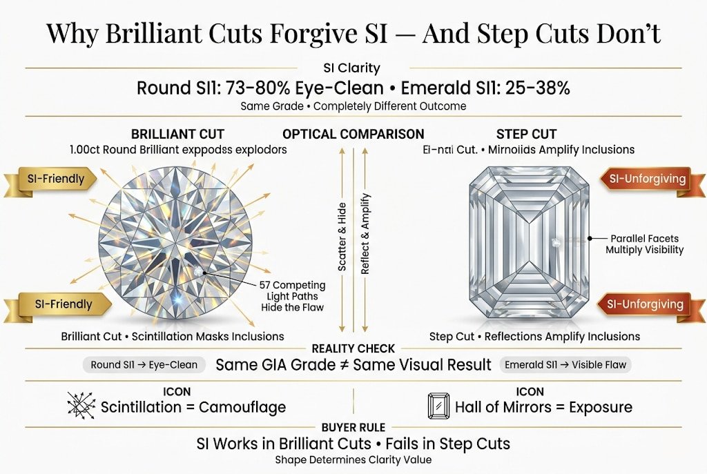 Premium infographic comparing brilliant vs step cut diamonds, showing how round brilliant cuts hide SI inclusions through scintillation while emerald cuts amplify inclusions through mirror-like reflections.