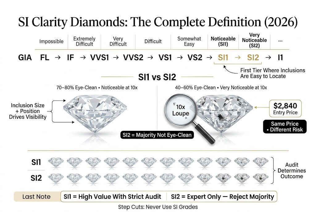 Premium infographic explaining SI clarity diamonds, comparing SI1 and SI2 grades with eye-clean rates, inclusion visibility, and showing that both have similar prices but very different visual risks.