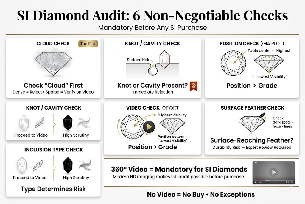 Premium checklist infographic showing six mandatory checks before buying an SI clarity diamond, including cloud risk, inclusion type, GIA plot position, and 360° video verification steps.