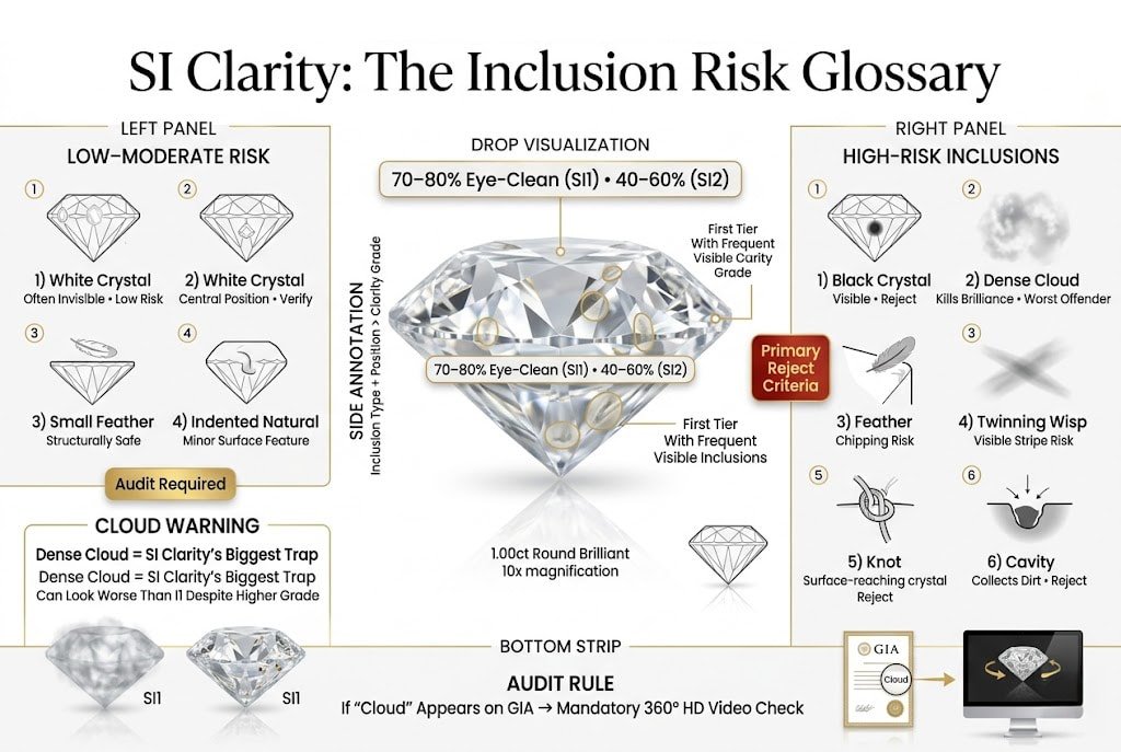 Premium infographic explaining SI clarity diamond inclusions, highlighting crystals, feathers, clouds, and other defects, and showing which inclusions are safe and which should be rejected based on visibility and performance.