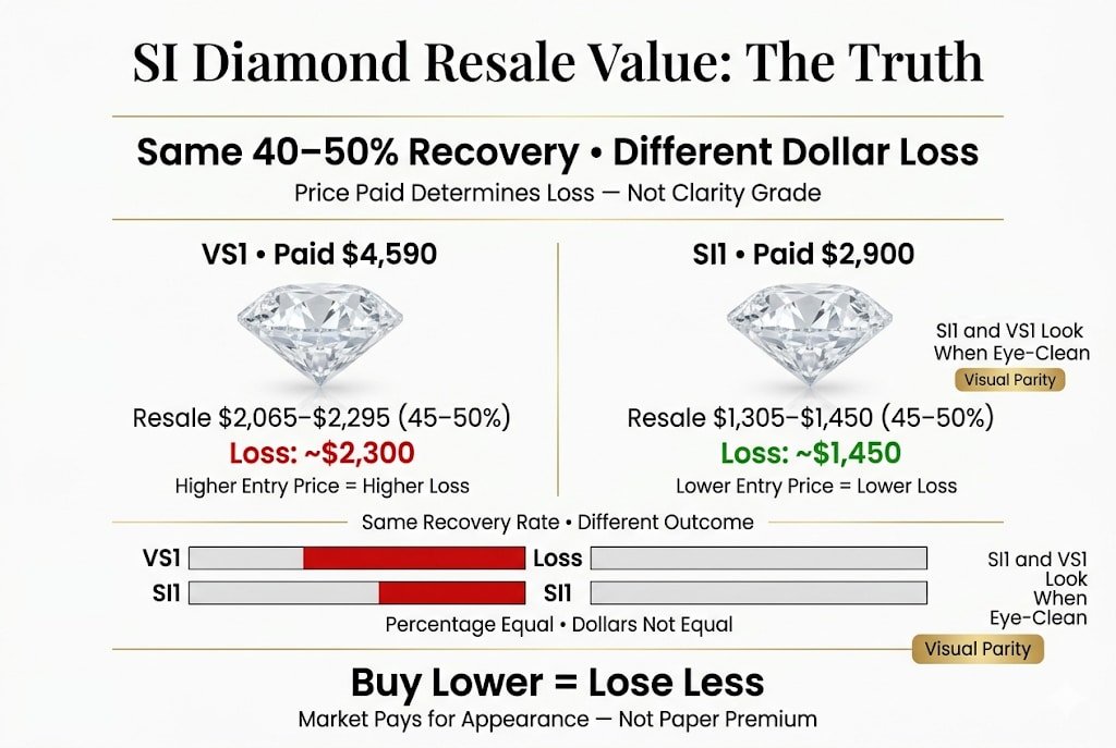 Premium infographic explaining SI diamond resale value, showing that SI1 and VS1 diamonds recover the same percentage but SI1 results in a lower dollar loss due to a lower purchase price.
