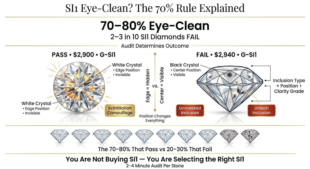 Premium infographic explaining the SI1 70–80% eye-clean rule, showing pass vs fail diamond examples based on inclusion type and position, with a visual probability breakdown of which stones are safe to buy.