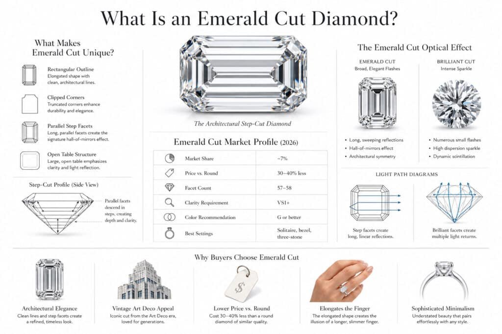 Wide horizontal editorial infographic on a pure white background explaining what an emerald cut diamond is. The design features a hyper-realistic emerald cut diamond with clipped corners and long parallel step facets surrounded by educational diagrams, proportion breakdowns, market comparison tables, and hall-of-mirrors light reflection illustrations. Clean architectural jewelry-editorial layout with thin divider lines, subtle shadows, refined typography, and strong negative space. Minimal premium aesthetic without floral or ornate decorative styling.