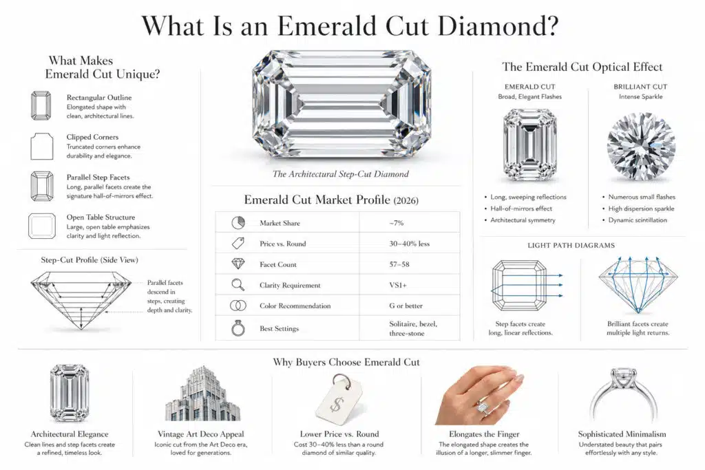 Wide horizontal editorial infographic on a pure white background explaining what an emerald cut diamond is. The design features a hyper-realistic emerald cut diamond with clipped corners and long parallel step facets surrounded by educational diagrams, proportion breakdowns, market comparison tables, and hall-of-mirrors light reflection illustrations. Clean architectural jewelry-editorial layout with thin divider lines, subtle shadows, refined typography, and strong negative space. Minimal premium aesthetic without floral or ornate decorative styling.