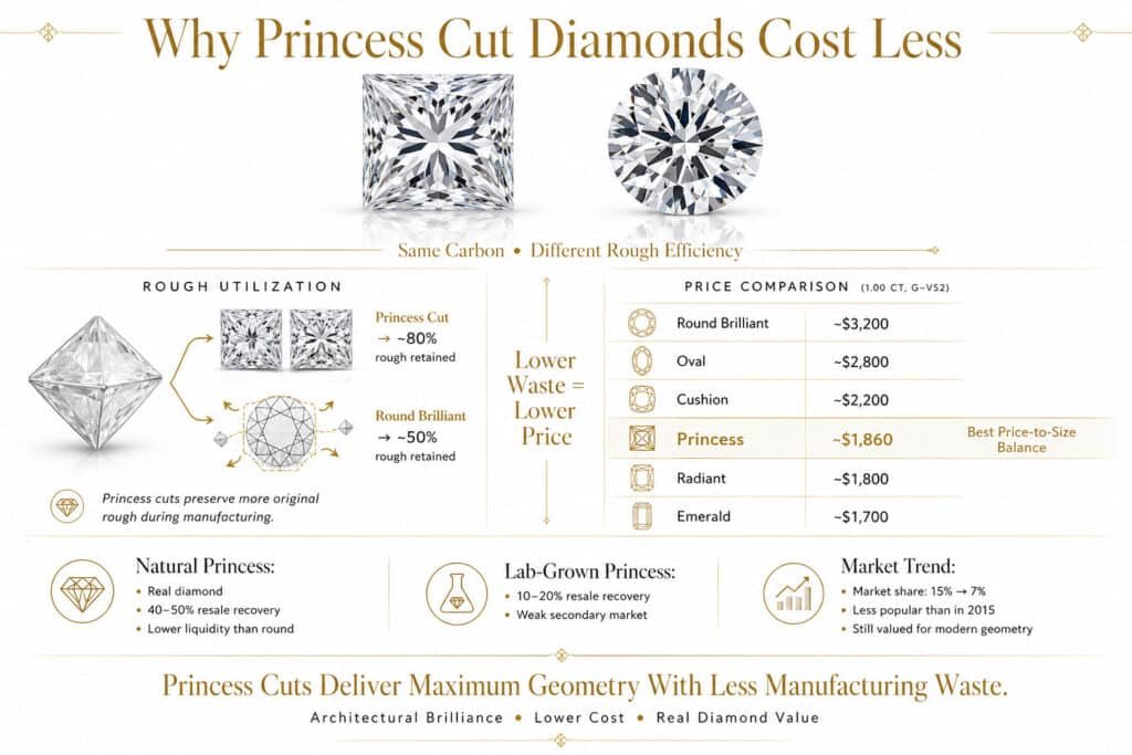 Ultra-luxury editorial infographic comparing princess cut and round brilliant diamond pricing, showing rough diamond efficiency, manufacturing waste differences, and resale value on a clean white background with refined gold accents.