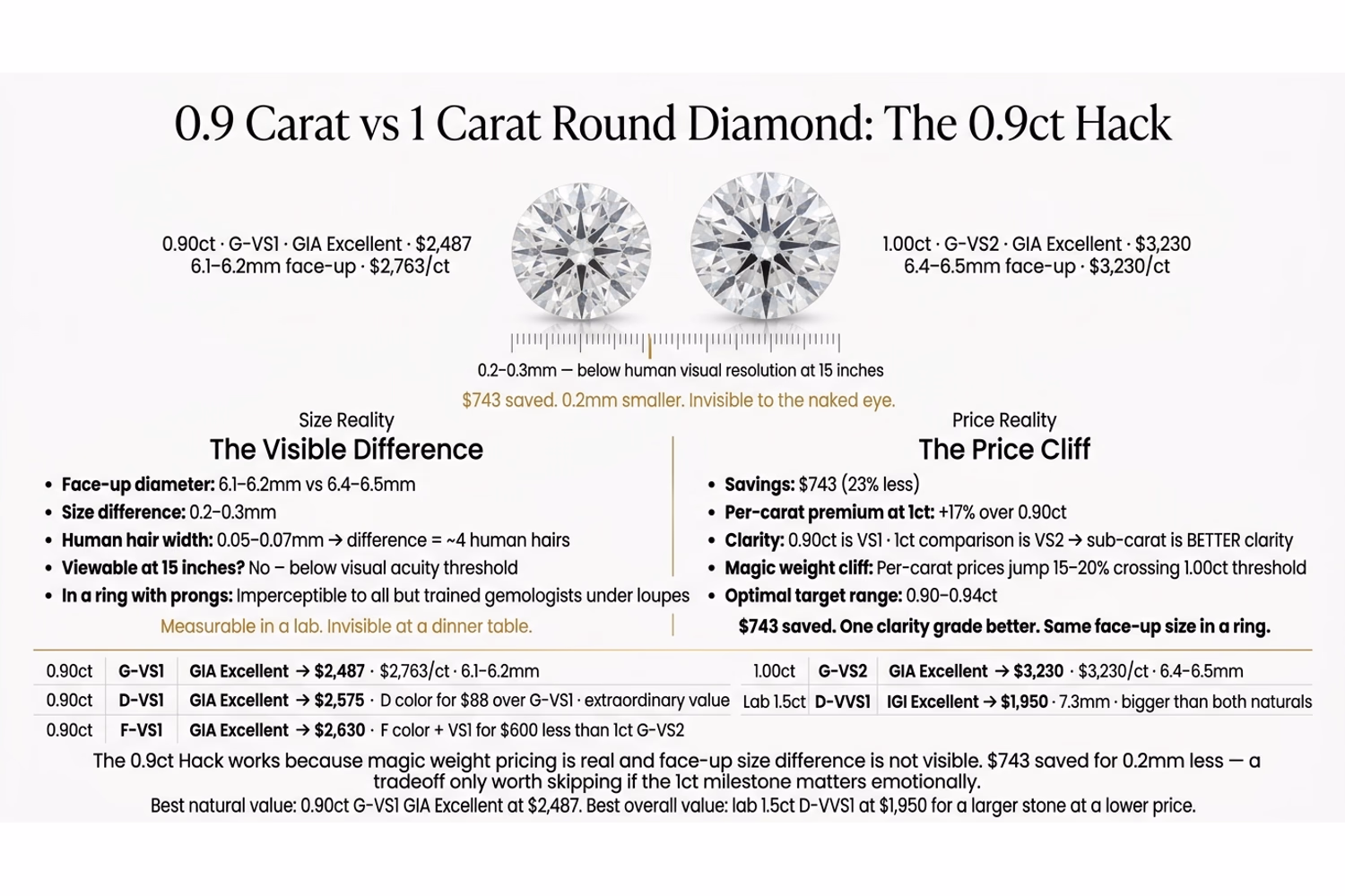 0.9 vs 1 Carat Round Diamond Size and Price Comparison 0.9 carat vs 1 carat round diamond size comparison showing 6.2mm vs 6.4mm face-up diameter and price per carat cliff at the 1ct magic weight