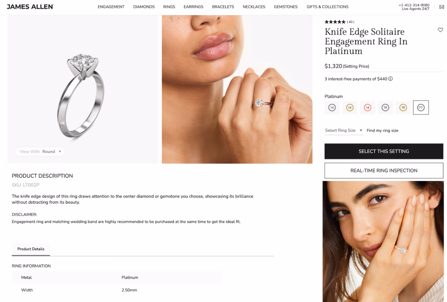 1 Carat Princess Cut Ring — Knife Edge Platinum Setting Detail from Blue Nile