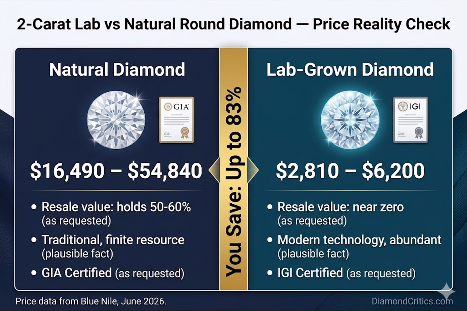 2 carat round diamond price tiers by quality grade — natural GIA Excellent, G-VS2 to D-FL