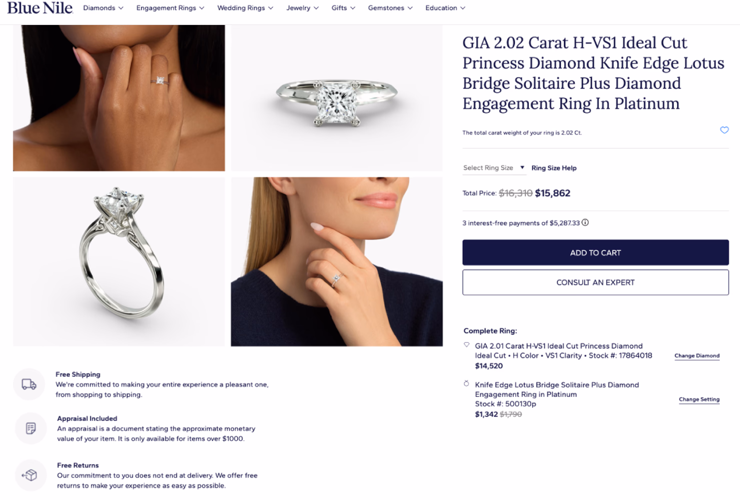2ct Lab Diamond Princess Ring — Blue Nile H-VS1 Price Data