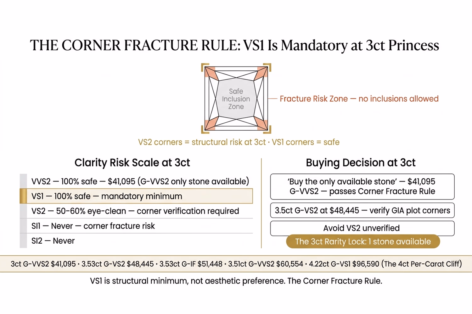 Princess cut clarity corner rule — 3ct example showing VS2 corner risk zone
