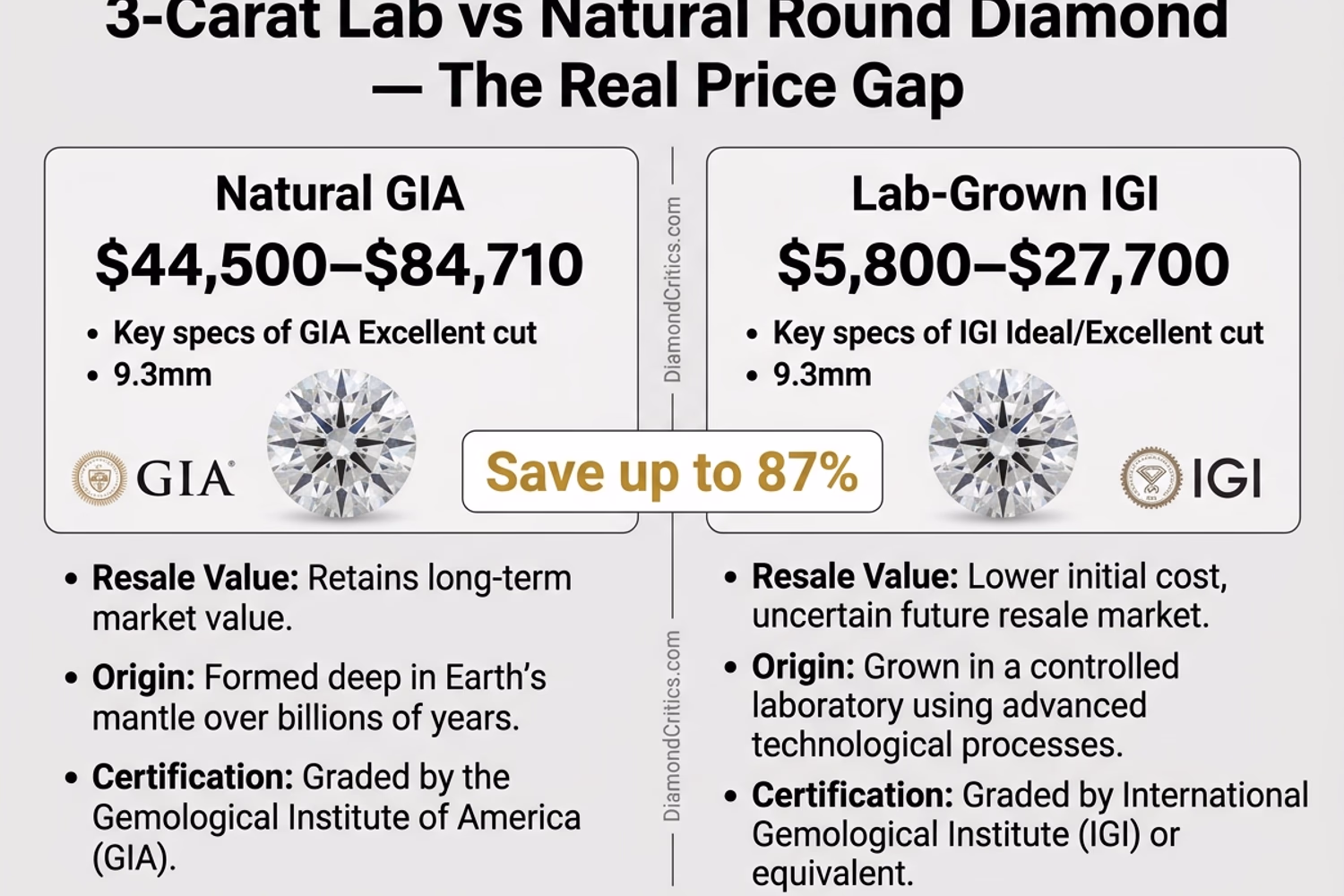 3 carat lab vs natural round diamond price savings — $5,800 lab vs $44,500 natural at equivalent size