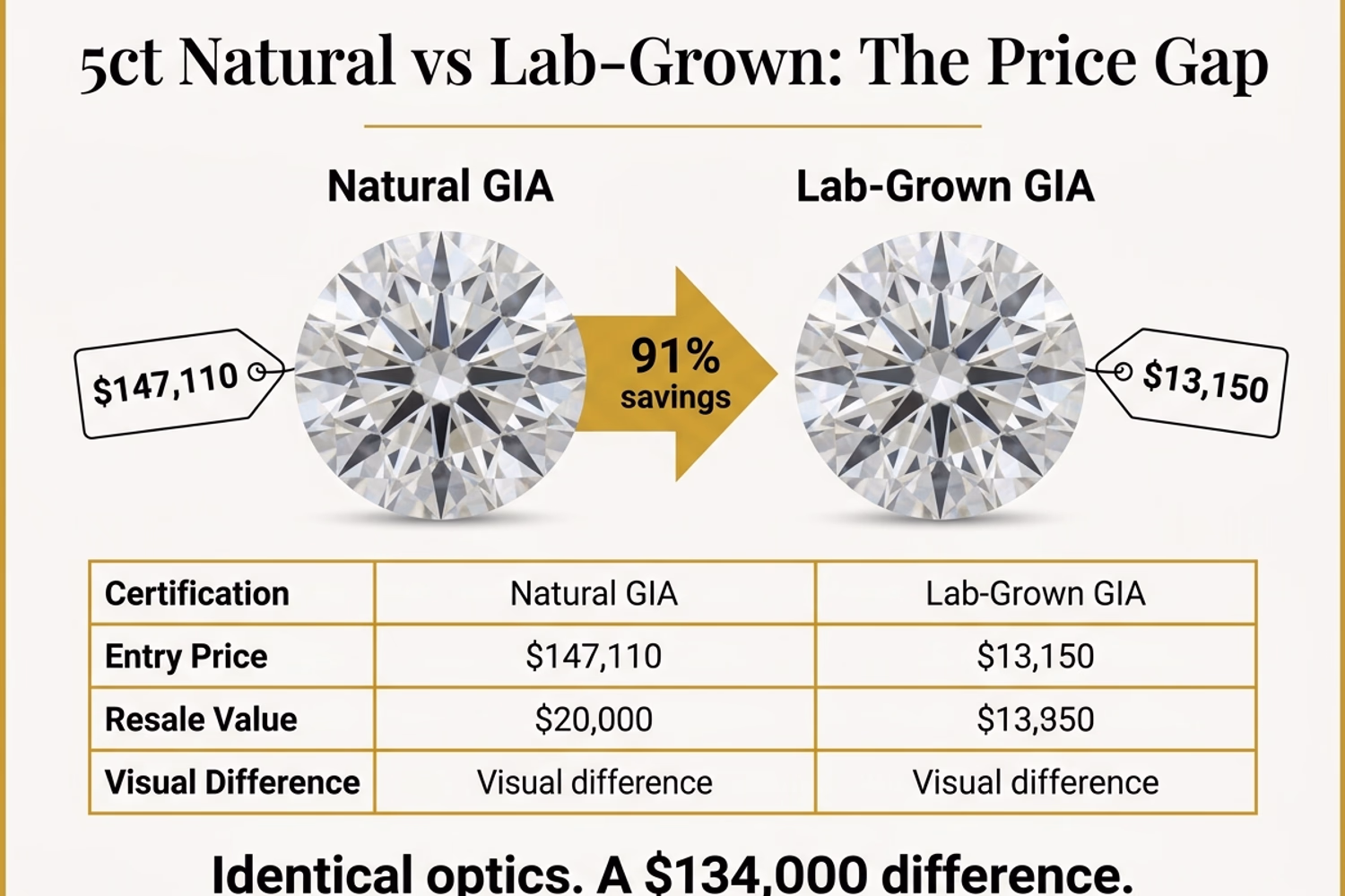 5 carat lab-grown vs natural round diamond price comparison — certification breakdown IGI GIA GCAL with Blue Nile pricing data