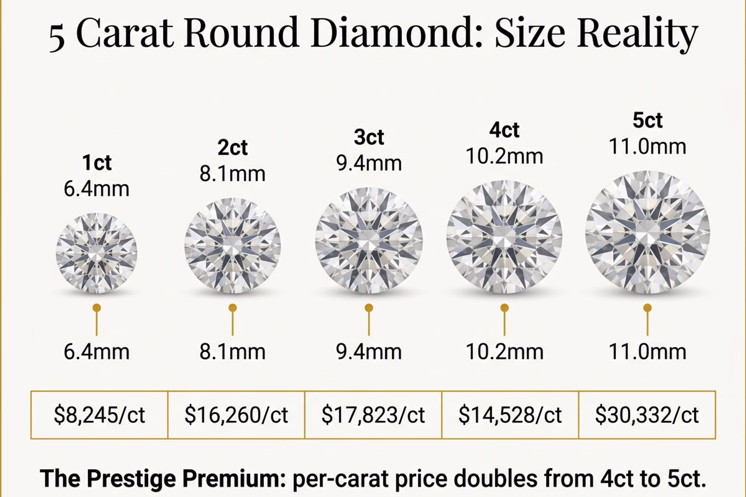 5 carat round diamond size comparison chart — 11mm face-up diameter versus 1ct, 2ct, 3ct, 4ct round diamonds with GIA price ranges