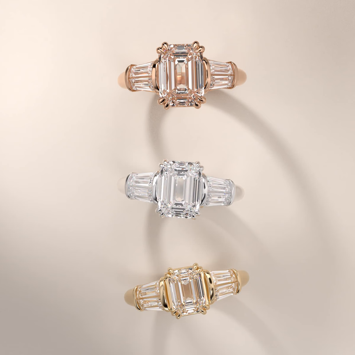 Vintage emerald cut diamond ring in white gold pavé setting — lab stone in Art Deco design