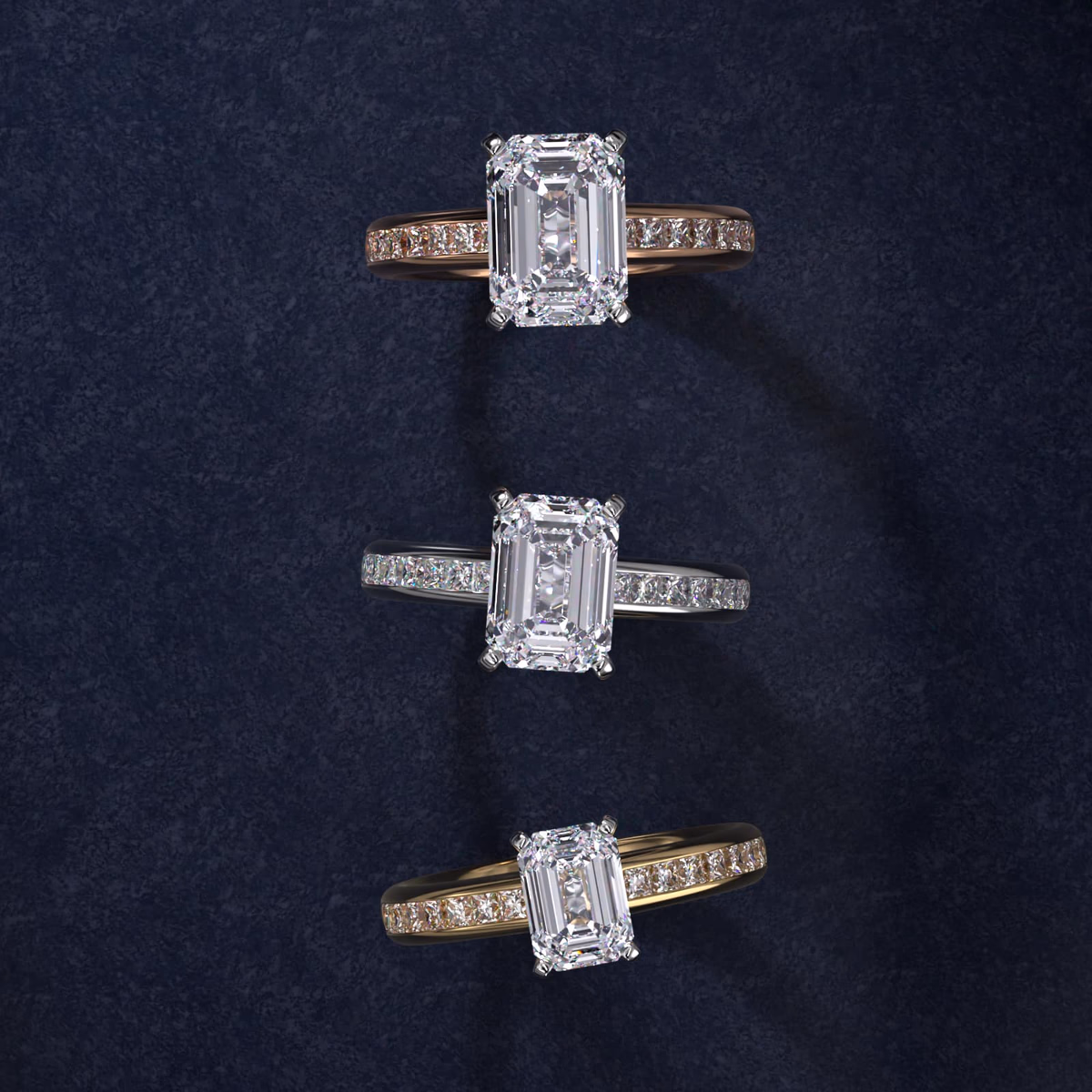 Vintage emerald cut diamond ring with baguette side stones — geometric Art Deco alignment
