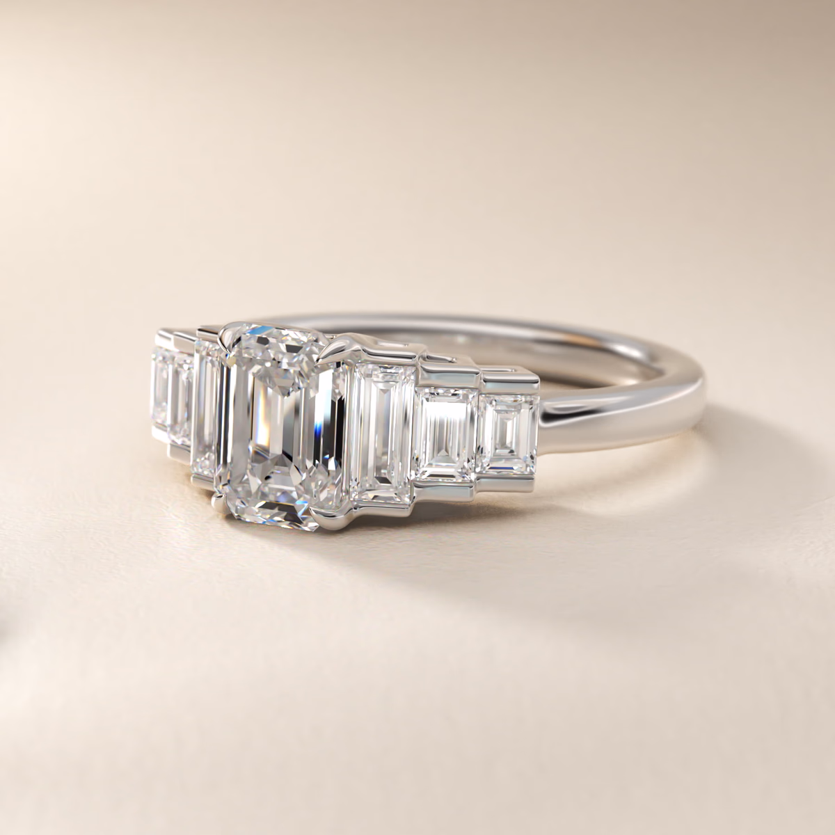 1.5 carat emerald cut diamond ring in 18K white gold solitaire setting — clean rectangular step-cut outline