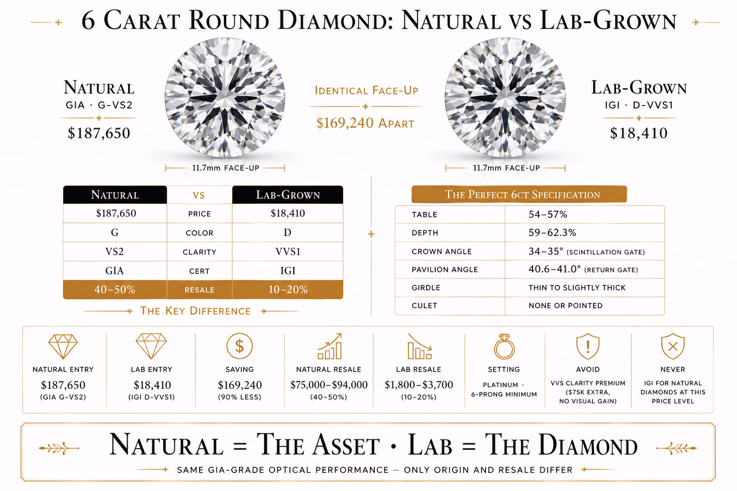 6 carat round diamond natural versus lab-grown comparison chart on white background showing price specifications and resale data