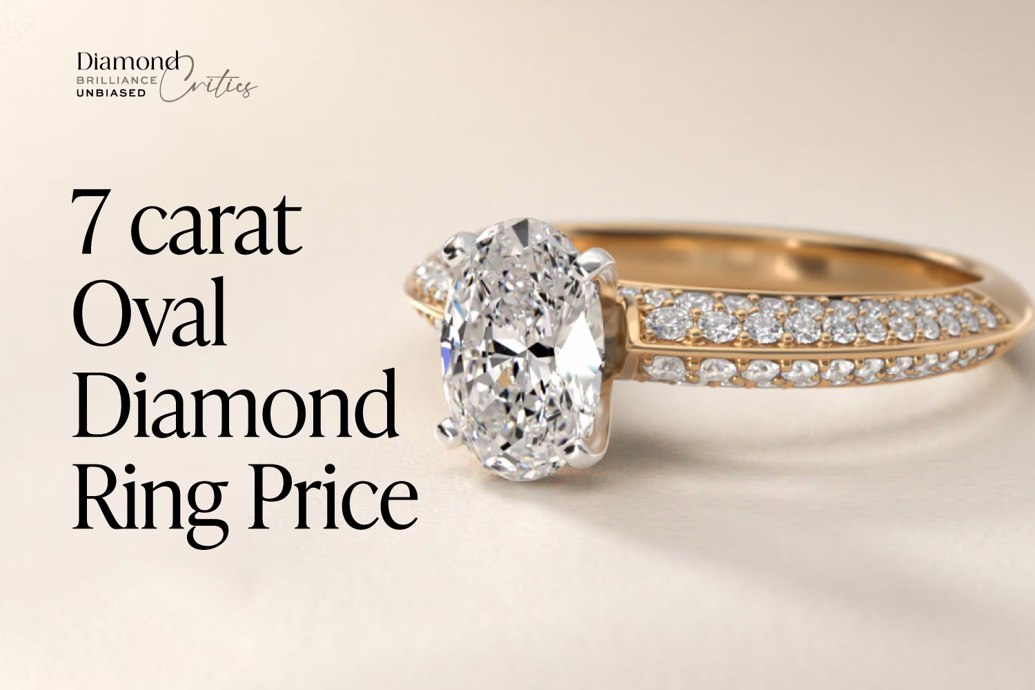 7 carat oval diamond ring in yellow gold pavé setting on cream background