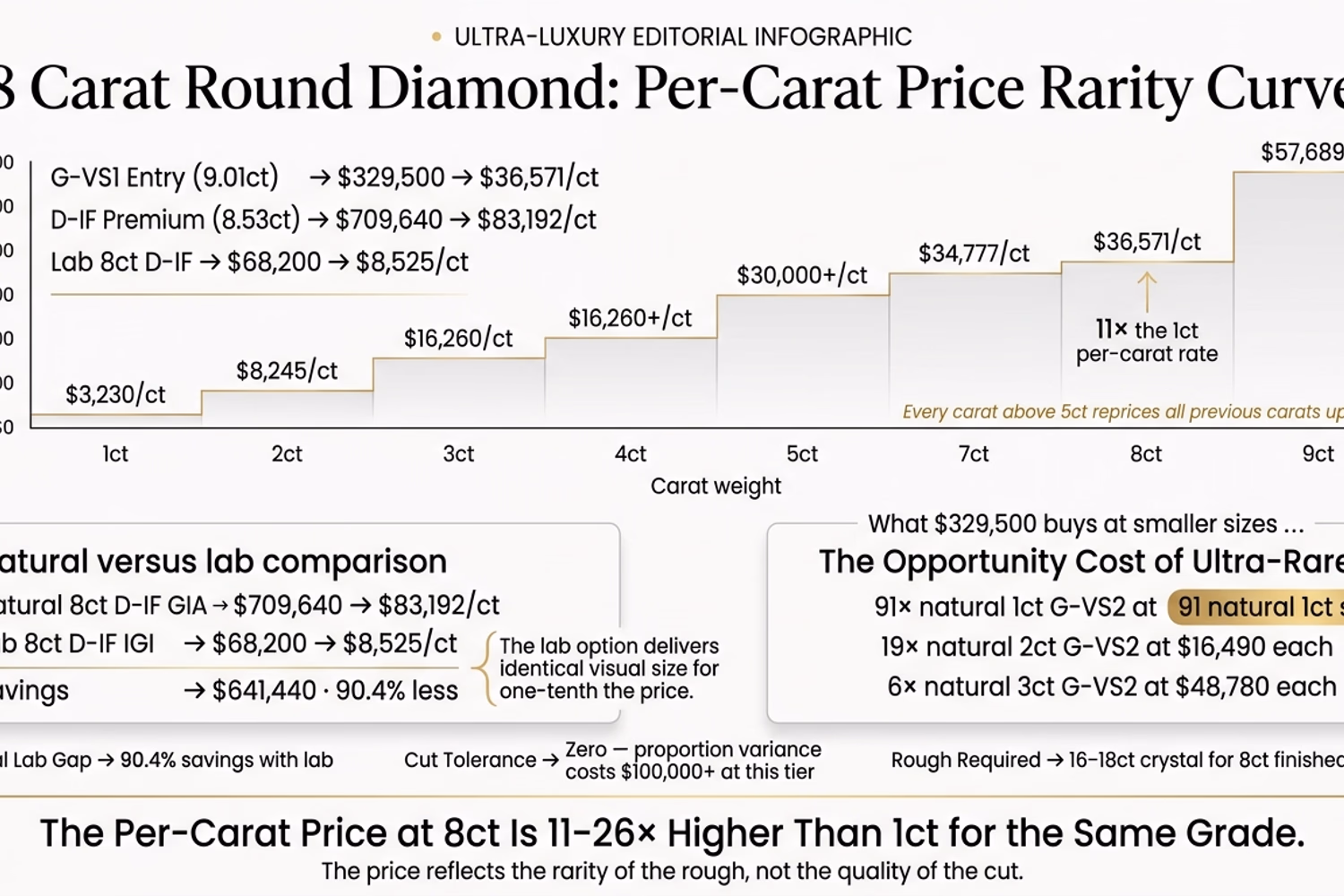 8 carat round diamond per-carat price progression from 1ct to 9ct showing rarity premium acceleration on white editorial background