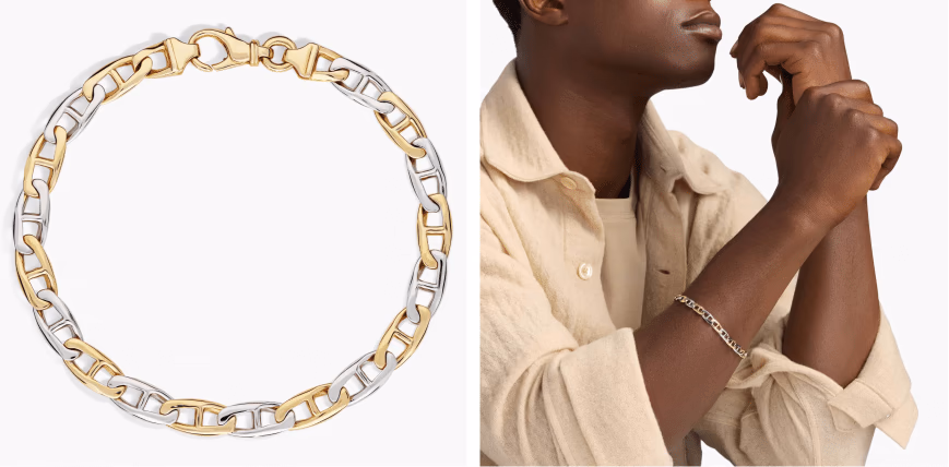 8.5" Men's High Polish Alternating Mariner Link Bracelet in 14k Italian White and Yellow (6.6 mm) Gold (6.5 mm)