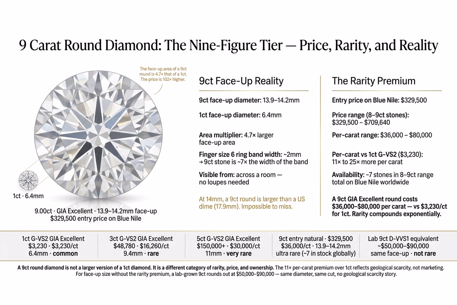 9 carat round diamond face-up size comparison showing 14mm diameter against 1ct 2ct and 5ct stones with price per carat rarity multiplier chart