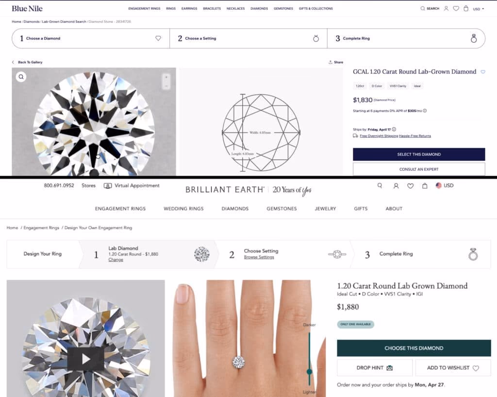 BRILLIANT EARTH VS BLUE NILE LAB DIAMOND COMPARIOSN OF SAME 1.20 D COLOR VVS1 CLARITY IDEAL CUT DIAMOND