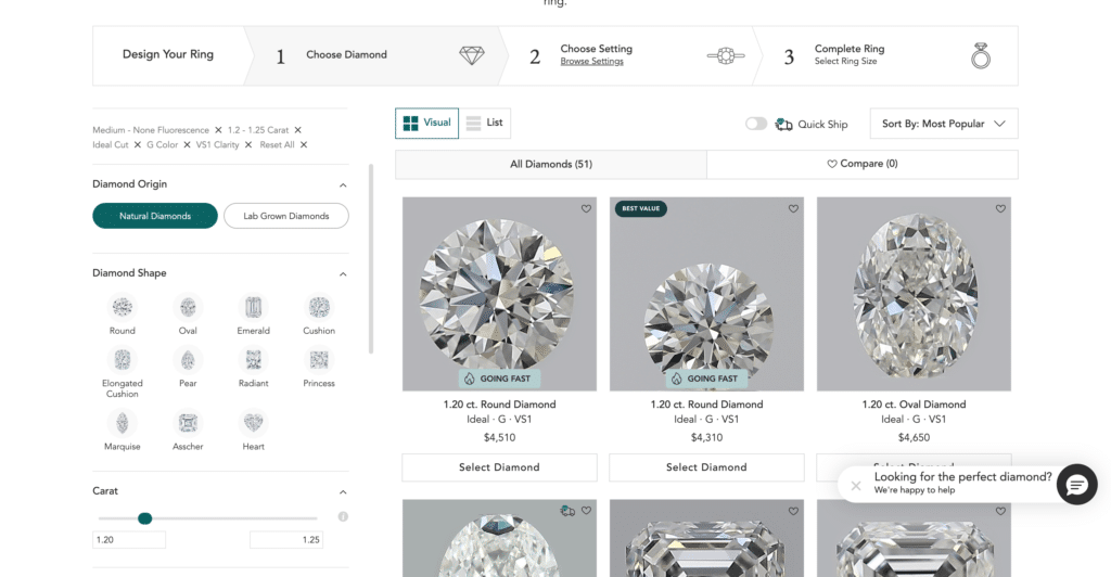 Color, VS1 Clarity, Ideal/Excellent Cut, 1.20–1.25 Carat from brilliant earth