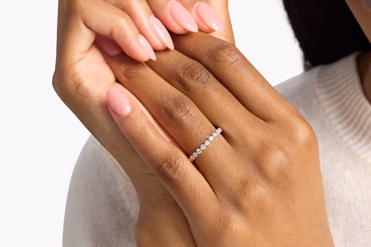 Blue Nile French pavé anniversary ring in white gold lifestyle