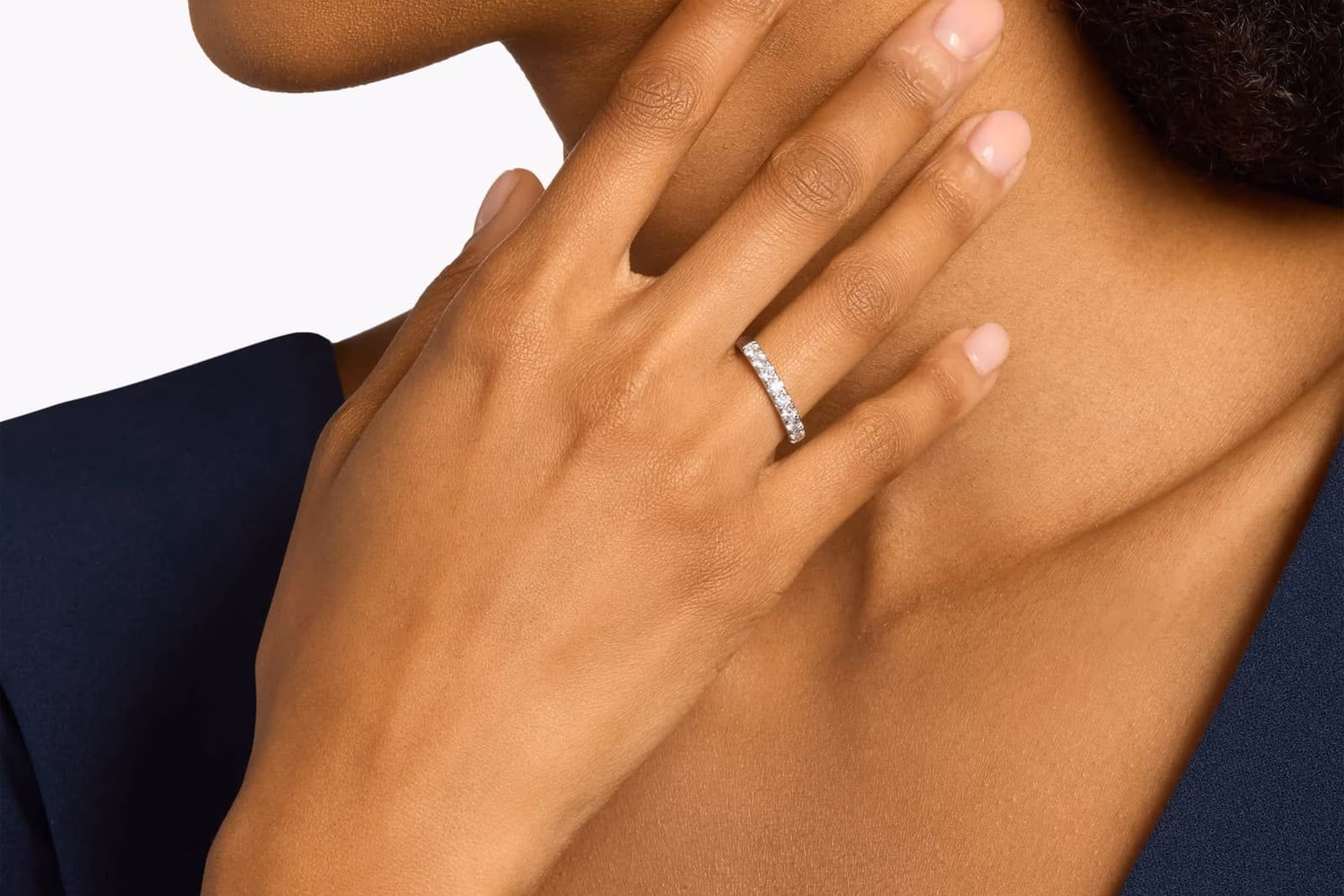 Blue Nile seven stone anniversary ring in white gold lifestyle