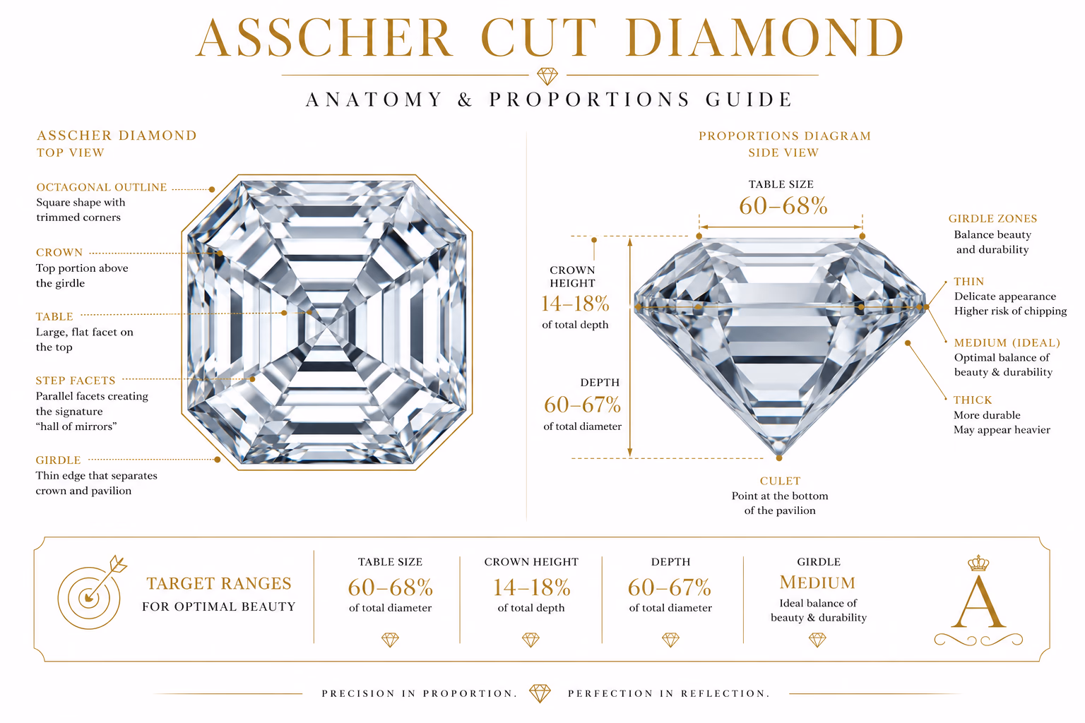 Asscher cut diamond anatomy and proportions guide showing octagonal outline with labeled crown height, table percentage, depth percentage, and girdle zones — target ranges annotated on a clean white editorial background with gold accent typography