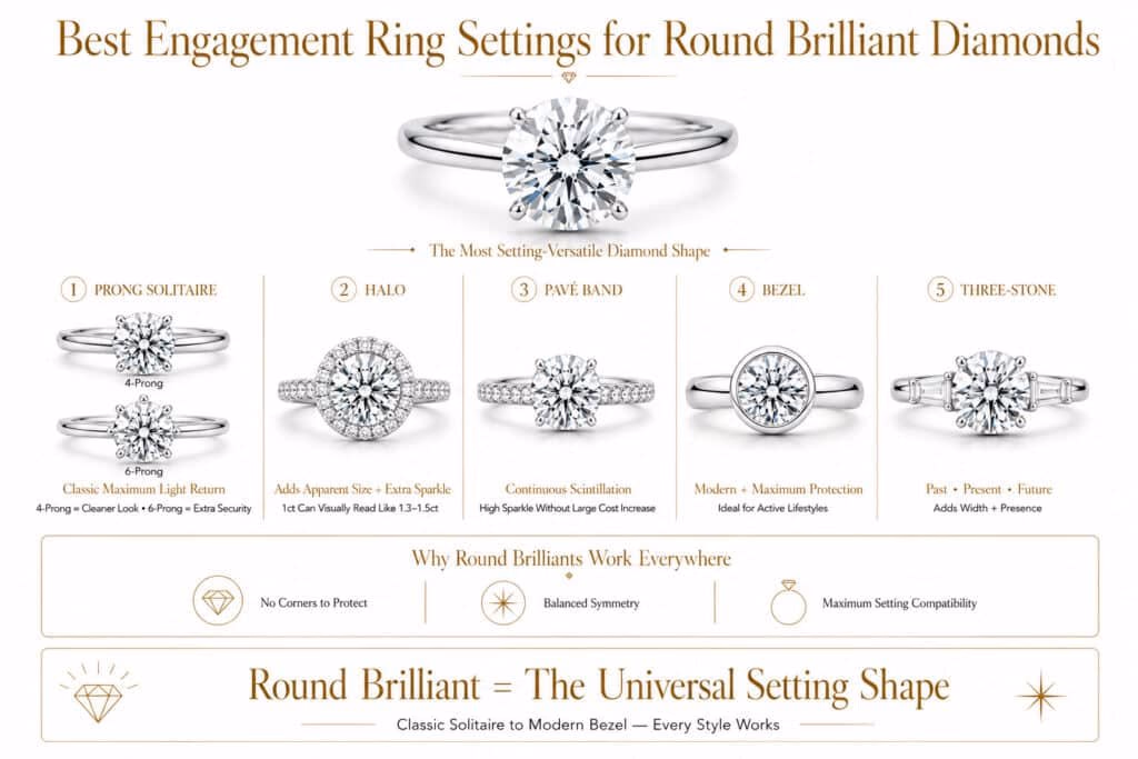 Luxury horizontal infographic showing the best engagement ring settings for round brilliant diamonds including solitaire halo pavé bezel and three stone designs with white background and gold accents