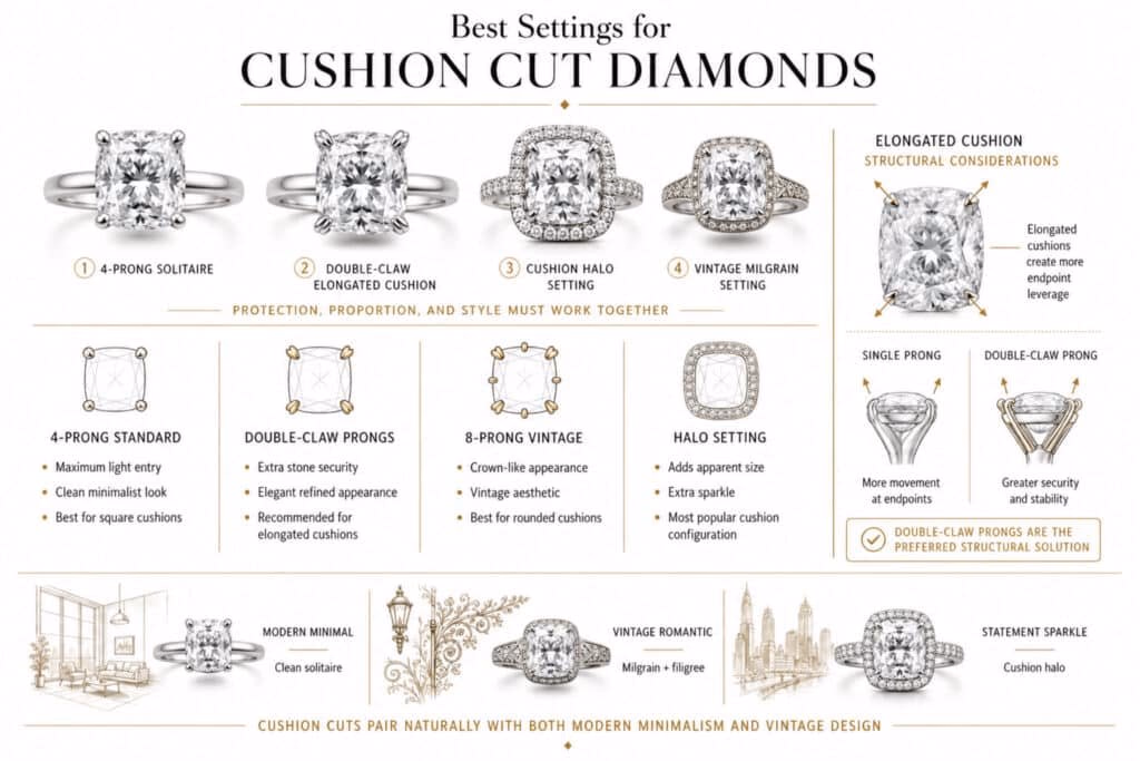 Horizontal infographic showing the best settings for cushion cut diamonds in 2026, featuring 4-prong solitaire, double-claw elongated cushion, halo setting, and vintage milgrain styles with diagrams explaining prong security, elongated cushion leverage, and vintage versus modern setting aesthetics.