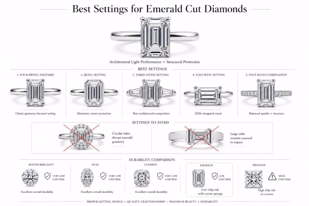 Best Settings For Emerald Cut Diamonds Editorial Infographic Editorial infographic explaining the best settings for emerald cut diamonds, featuring four-prong solitaire, bezel, three-stone, east-west, and pavé settings with durability comparisons and structural protection analysis on a clean white background.