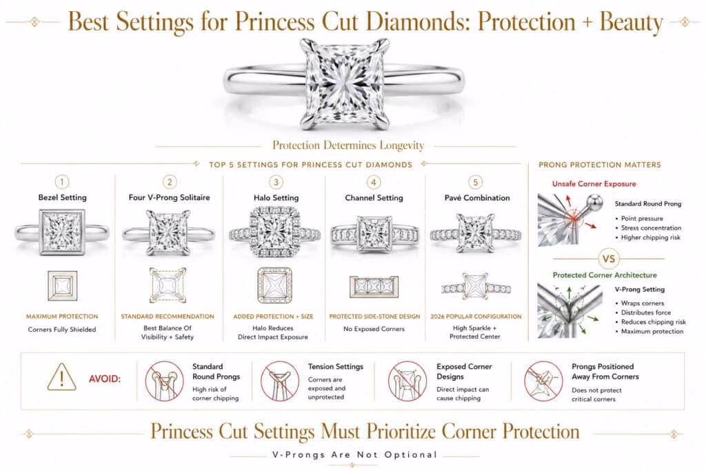 Horizontal editorial infographic showing the best settings for princess cut diamonds including bezel, V-prong, halo, channel, and pavé designs with technical corner protection diagrams on a pure white background.