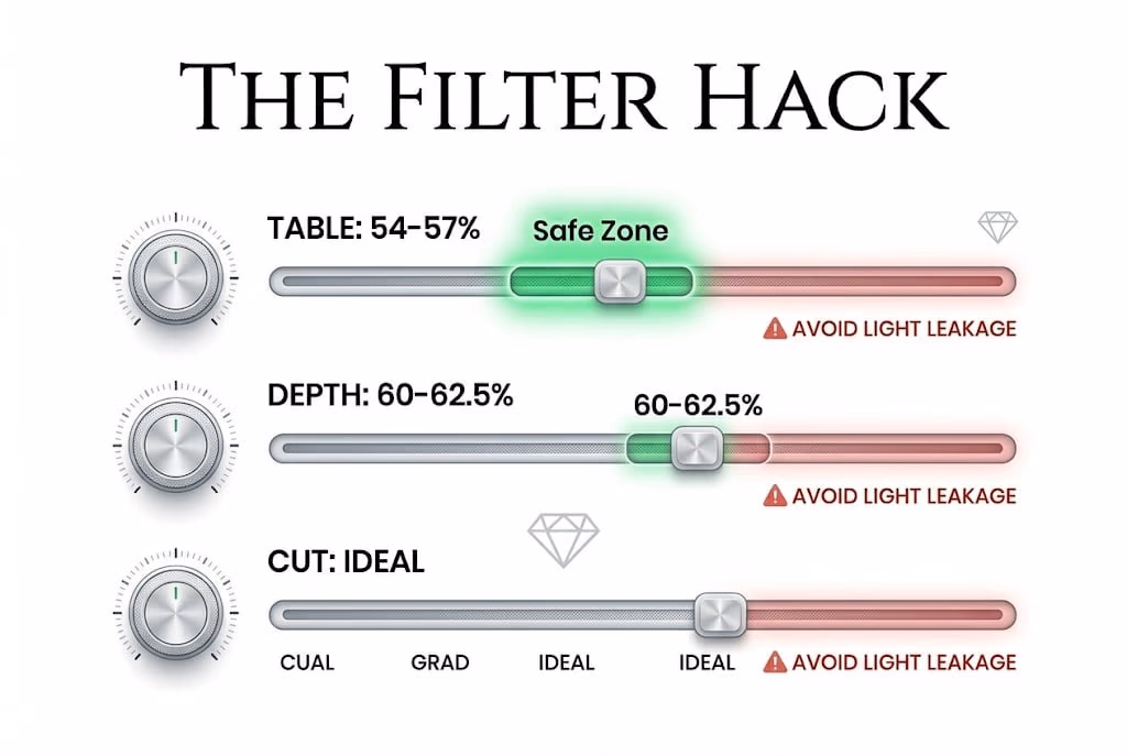 Technical white background UI illustration showing the exact Blue Nile advanced filter settings for Table and Depth, with Canela typography reading 'The Filter Hack'.