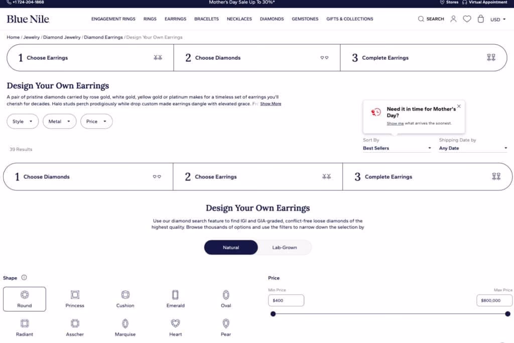 Blue Nile online diamond design guide interface — the primary shopping experience
