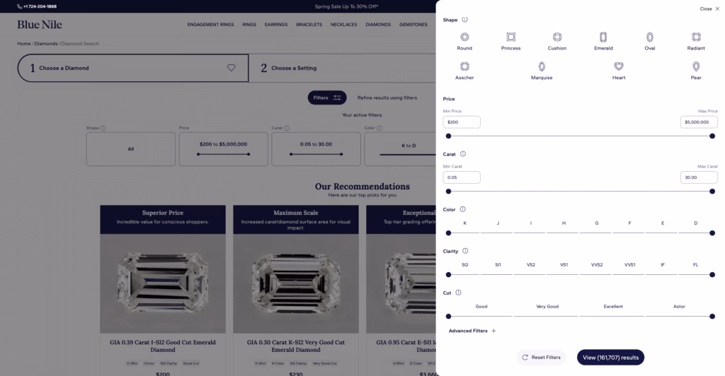 A detailed screenshot of the Blue Nile website diamond search interface from early 2026, showcasing both the search filter panel and a newly integrated 'Our Recommendations' algorithm section. The right-hand filter panel is open, displaying a wide range of standard sliders for Shape, Price ($200 to $5,000,000), Carat, Color (K to D), Clarity (SI2 to FL), and Cut (from 'Good' to 'Astor'). Behind the panel, three algorithm-chosen 'top picks' are visible under titles like 'Superior Price' and 'Maximum Scale.' These recommendations feature GIA-certified diamonds (e.g., GIA 0.39 Carat I-SI2 Good Cut Emerald and GIA 0.30 Carat K-SI2 Very Good Cut Emerald). This visual audit highlights the specific low-performance 'factory cut' traps—such as GIA Good and Very Good Cut grades on emerald diamonds—that educated buyers must bypass using the 'Advanced Filters' hacking strategy.