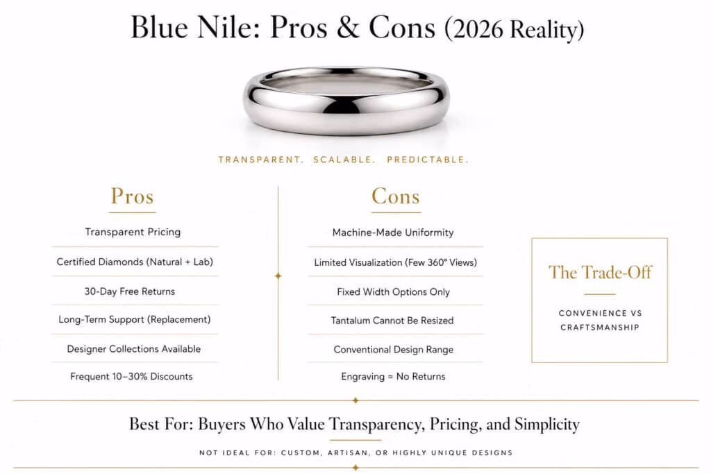 Blue Nile men’s rings review, pros and cons 2026 infographic showing transparent pricing benefits versus limitations like machine-made design and limited customization in a clean editorial layout