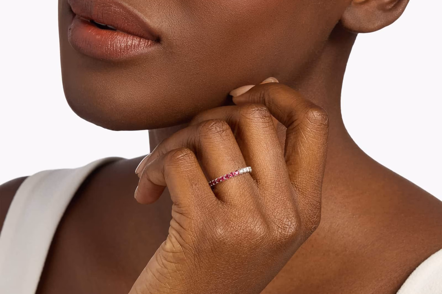 Riviera pavé ruby eternity ring in 18K white gold