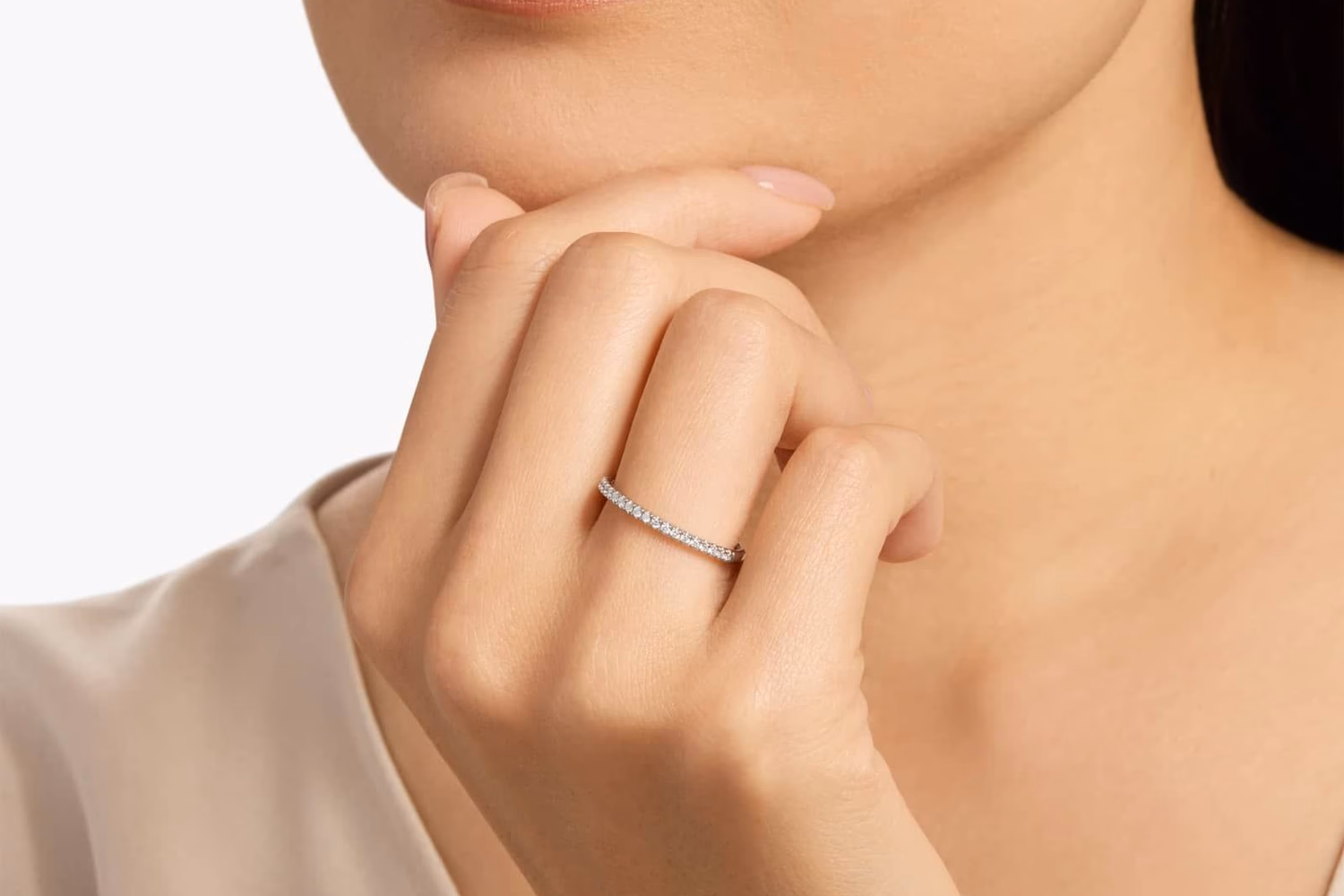 Blue Nile Riviera Pavé Diamond Wedding Band White Gold — classic U-prong pavé setting on hand
