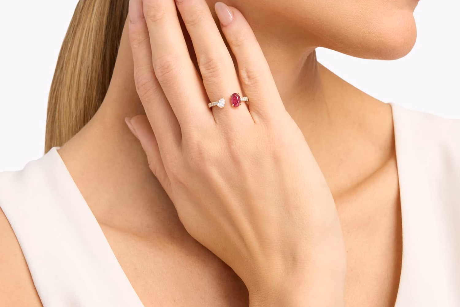 Ruby and diamond alternating ring in yellow gold