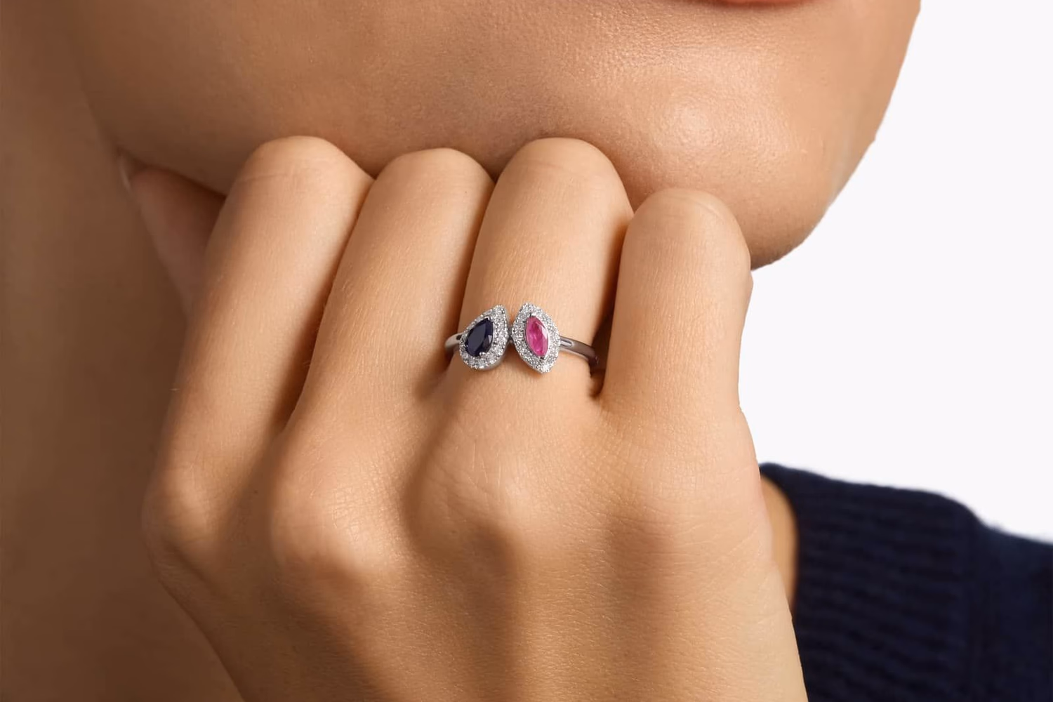 Ruby and diamond half-and-half eternity ring in 14K white gold